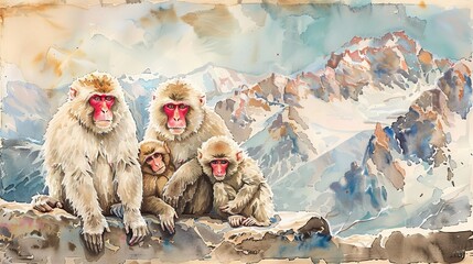 Obraz premium Rocky terrain, snow monkey family, wildlife display, Watercolor style