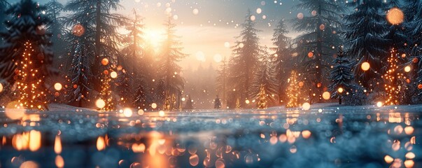 Enchanting Winter Forest with Glowing Christmas Lights Reflected in Ice