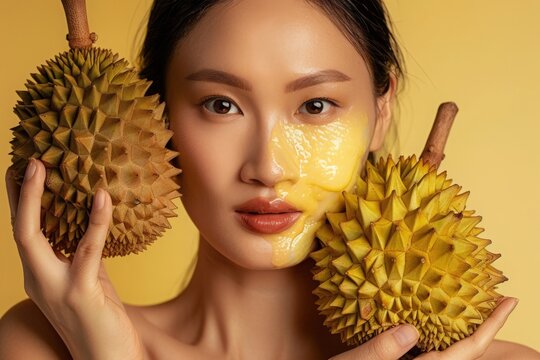 A woman holds a durian fruit on each side of her face while wearing a yellow facial mask