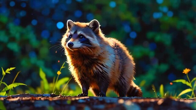キュートなタヌキが野原で銀河を眺める風変わりなアニメーション