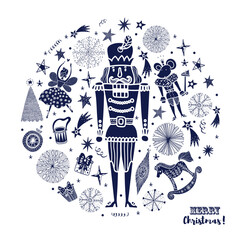 Nutcracker. Cute Christmas vector card. Interior poster.