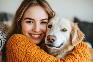 Happy Woman in Orange Sweater Cuddling Her Dog on the Sofa, Close Up Portrait Photograph in the Style of Natural Light Minimalism 