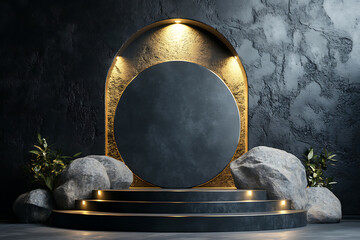 A 3D podium with a concept loft design, featuring modern architectural elements and stylish decor. The scene showcases the podium as the centerpiece, surrounded by loft-style furnishings and minimalis