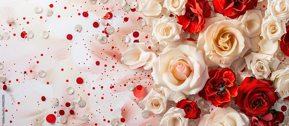 Wall mural Corner arrangement of cream roses and red geraniums with glitter confetti on a white backdrop in a copy space image