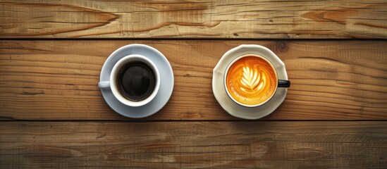Fototapeta premium Top view of two coffee cups one with Americano and the other with espresso displayed on a wooden table with ample copy space image