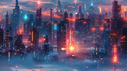 Obraz premium A futuristic cityscape with glowing neon lights and towering skyscrapers enveloped in mist, creating a cyberpunk atmosphere.