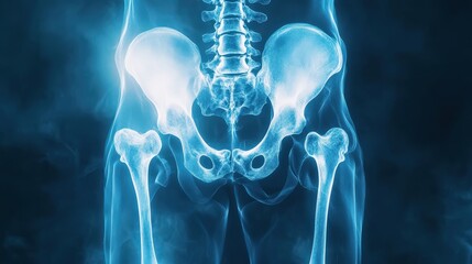 A blue skeleton with a glowing blue hip bone