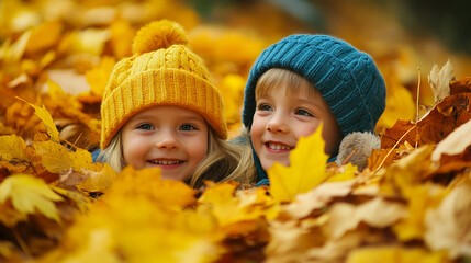 Fototapeta premium Children playing in a pile of autumn leaves