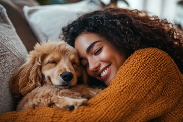 Happy Woman in Orange Sweater Cuddling Her Dog on the Sofa, Close Up Portrait Photograph in the Style of Natural Light Minimalism 