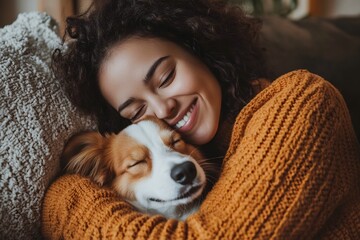 Happy Woman in Orange Sweater Cuddling Her Dog on the Sofa, Close Up Portrait Photograph in the Style of Natural Light Minimalism 