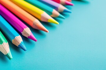 Obraz premium Coloring pencils in vibrant colors on pastel blue background with blank space. Ai Generative