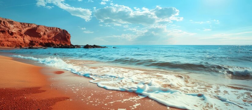 Concept of adaptable work depicted on an attractive yellow blackboard with a stunning red stone beach and blue sky backdrop Business concept with copy space image