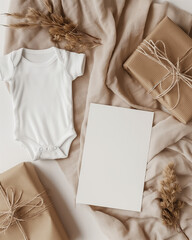 Fototapeta premium Mockup of blank white postcard next to plain baby onesie | Wrapped gifts with twine and dried flowers | Beige fabric background