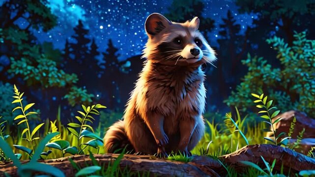 カラフルなアニメーションで描かれるタヌキの銀河と星の観賞