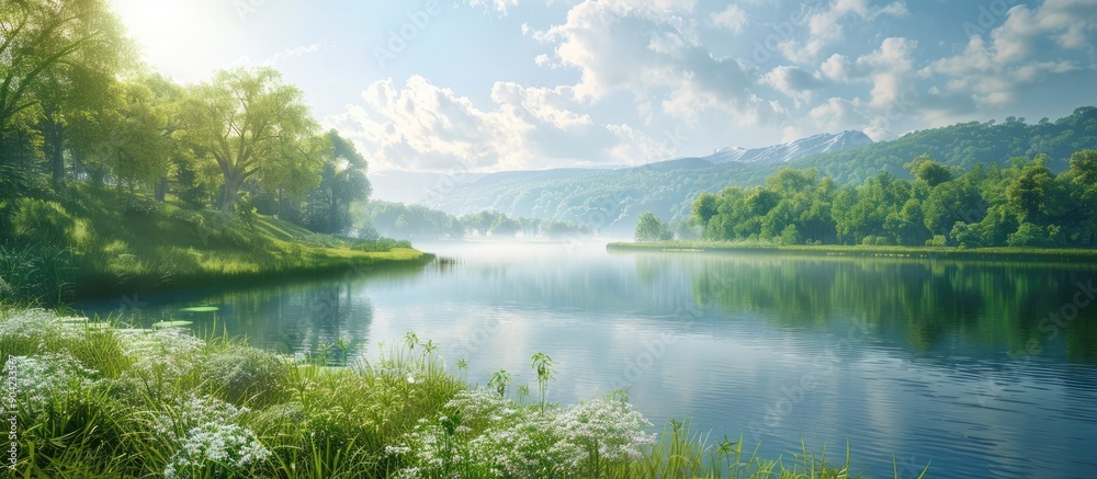 Wall mural scenic summer landscape with lush greenery a river and a vast panoramic view perfect for a backgroun