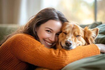Happy Woman in Orange Sweater Cuddling Her Dog on the Sofa, Close Up Portrait Photograph in the Style of Natural Light Minimalism 