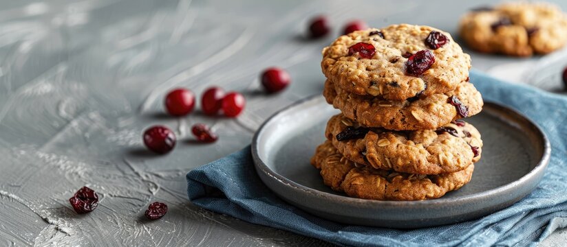 Concept of a healthy breakfast or snack with oatmeal cookies containing raisins and cranberries displayed on a light gray background accompanied by a blue napkin Ideal for marketing as a copy space im
