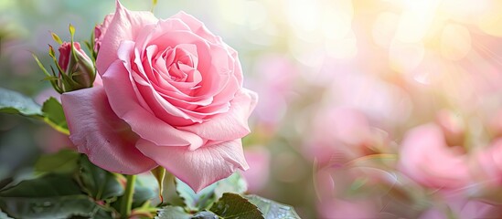 In the garden a beautiful pink rose flower Rosa chinensis is captured in a tranquil setting with a spacious area for text or graphics known as a copy space image