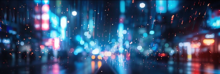 Fototapeta premium Citys urban night scene with neon lights and blurred raindrops creates abstract bokeh effect for dreamy atmosphere