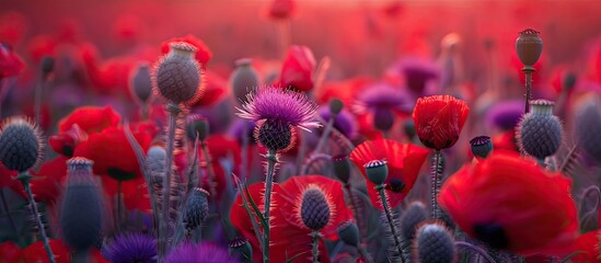 A close up image capturing a violet milk thistle flower blooming amidst a vibrant red poppy field ideal for wallpaper or cover design with copy space image