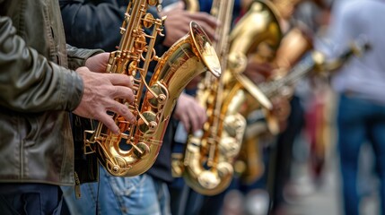 Obraz premium Close-up of jazz instruments like saxophone and trumpet at a jazz festival. 