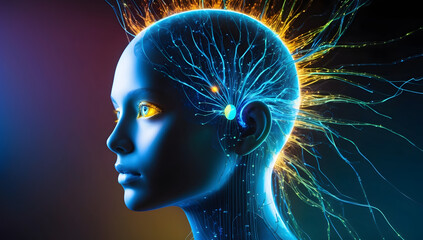 Obraz premium Side view of a humanoid head with blue and yellow eyes and vibrant neon neural network, representing futuristic technology and artificial intelligence. AI, mental health, abstract.