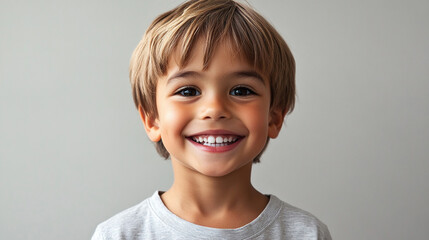 Grinning boy against a light grey background