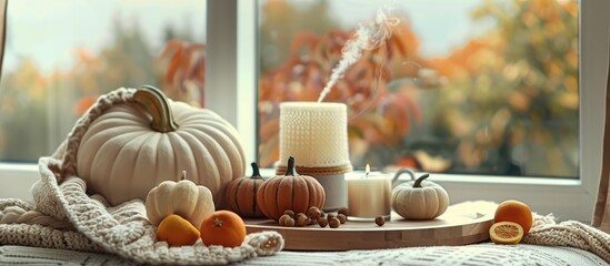 Autumn themed decor arrangement on a windowsill featuring an aroma diffuser pumpkins citrus candles on a wooden tray and a knitted blanket for a cozy ambiance White banner with copy space image avail