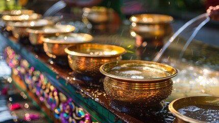 Close-up of traditional Thai water bowls used in Songkran festival rituals. 