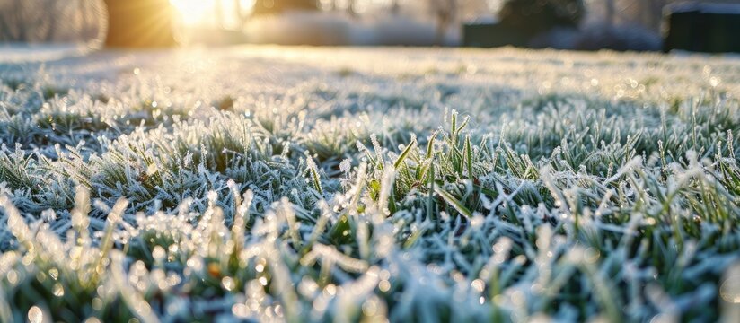 A winter background displaying morning frost on frozen grass with copy space image The cold season covers the mowed lawn in ice and hoarfrost including green grass with snow patches