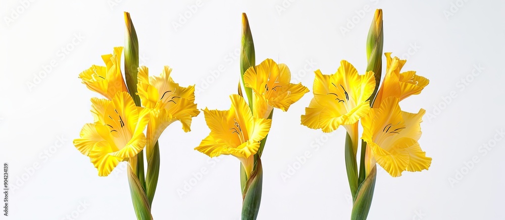 Sticker Three vivid yellow gladioli arranged aesthetically against a white backdrop creating a visually appealing copy space image