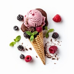 Medium shot of Scoop of ice cream with syrup, isolated on a white background, 