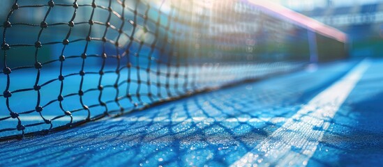 Horizontal sports theme poster greeting cards or website and app design incorporating a blue padel and tennis net on a hard court with copy space image for a tennis competition concept