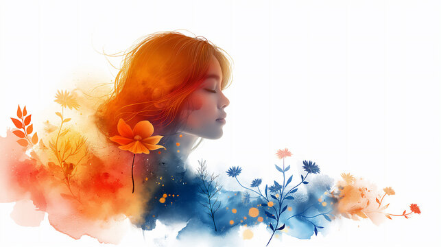 Abstract Illustration of side view of Woman Face with Closed Eyes and Orange Hairs among Flowers on white Background. Selective Focus. Flat Design. Banner with Copy Space. Self Discovery Concept