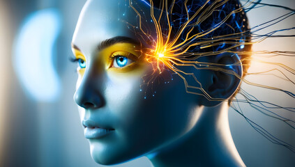Side view of a humanoid head with blue and yellow eyes and vibrant neon neural network, representing futuristic technology and artificial intelligence. AI, mental health, abstract.