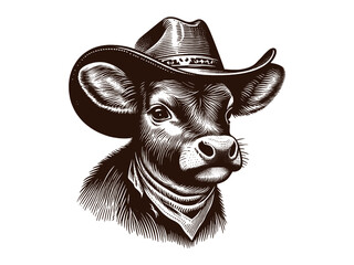 Cute calf in a cowboy hat. Realistic engraving vector illustration, isolated object © Victoria