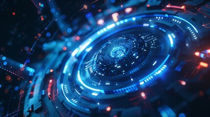 A futuristic digital hub symbolizes advanced technology and cyberspace concepts with glowing network vibes
