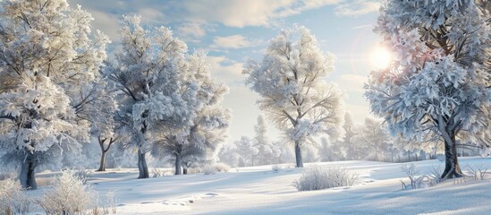 Scenic winter view of snow covered trees in a sunny field Background with ample copy space for a design concept