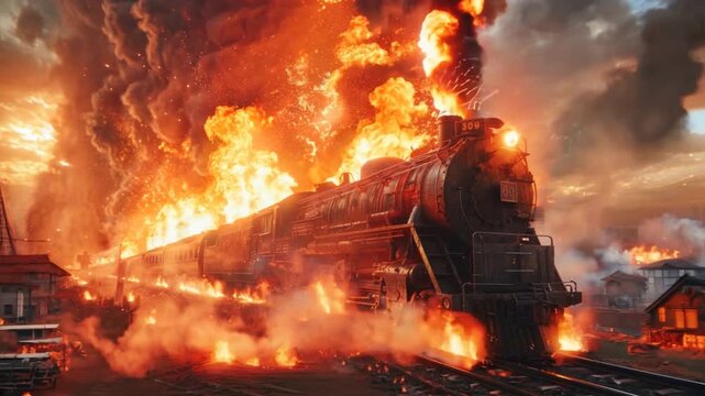 a huge freight train wreck with fire.generative ai