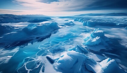 A frozen landscape of icy mountains and blue water