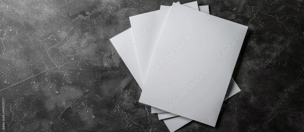 Poster top view of blank paper sheets on a dark textured background for design mockup with copy space image