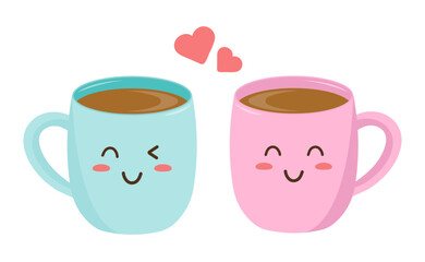 Kawaii style. Pink and blue coffee mugs. Isolated on white background. Vector illustration.	