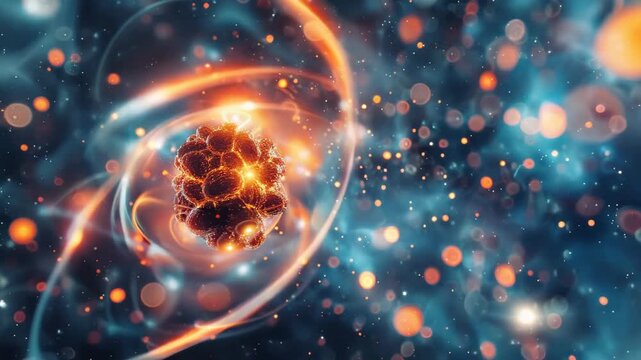 Glowing atomic structure with swirling particles on a dark background