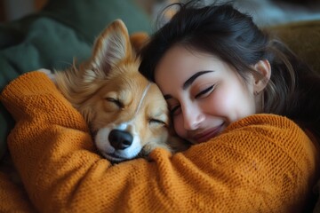 Happy Woman in Orange Sweater Cuddling Her Dog on the Sofa, Close Up Portrait Photograph in the Style of Natural Light Minimalism 