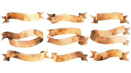 Assorted gold ribbon banners in watercolor style with elegant vector shapes on a white background, great for festive and luxurious designs