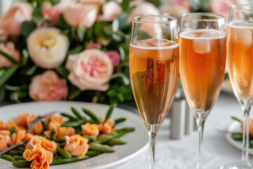 Elegant table setting with champagne glasses and floral centerpiece, perfect for celebrations and special occasions.