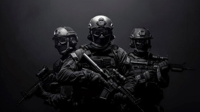 Three soldiers stand in a line, all wearing black uniforms and holding guns