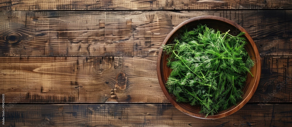 Poster Top down view of a wooden table with a bowl of freshly cut dill perfect for a copy space image