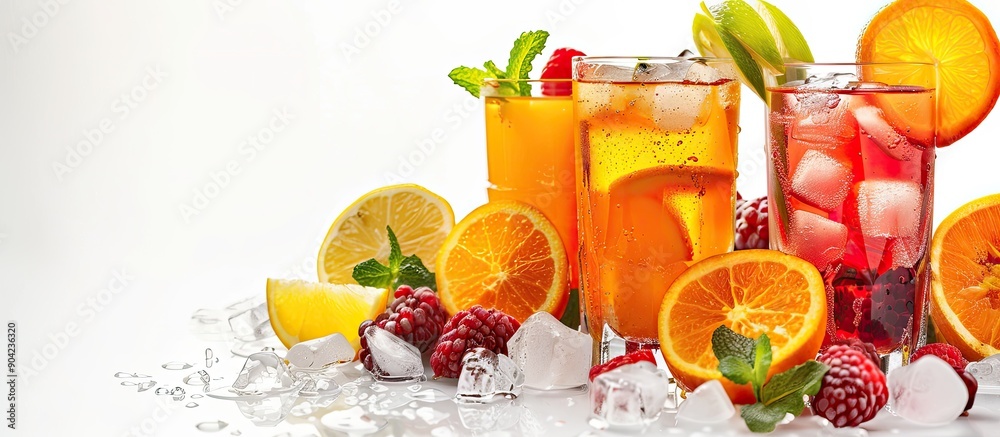 Sticker Chilled beverages and fresh fruit juices offer refreshment isolated on a blank background for copy space image