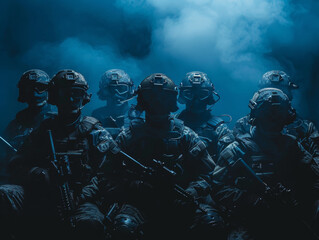 A group of soldiers are sitting in a dark room with smoke in the background